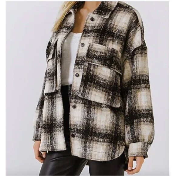 English Factory Oversized Plaid Shacket Beige & Black Winter Fall Coat Medium - Picture 1 of 11